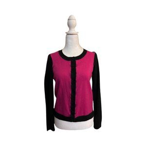 TALBOTS Womens Italian Merino Wool Cardigan Pink Black Classic Cardigan Size M